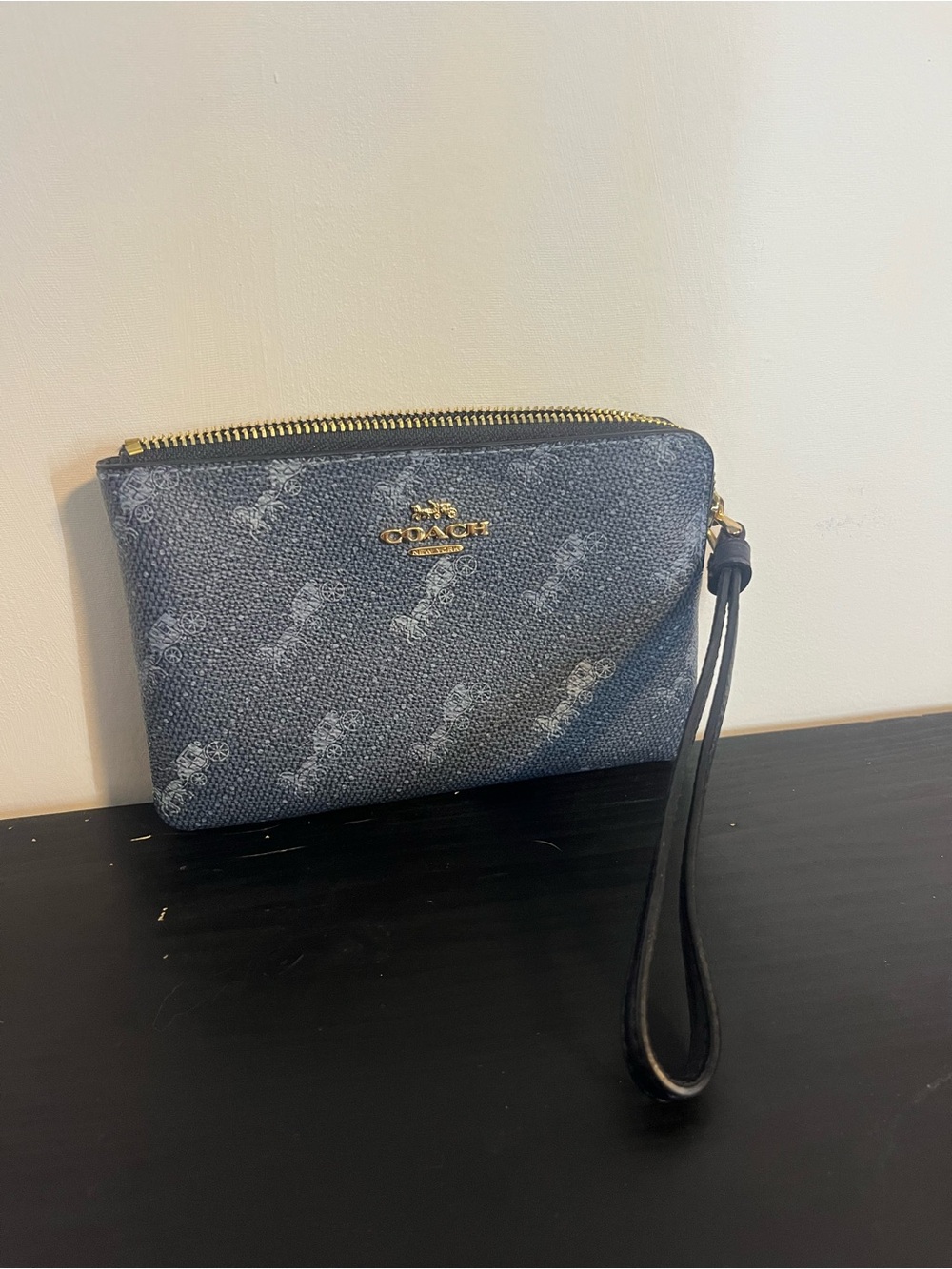 Coach Denim Blue Signature Zip Wristlet with Gold Hardware